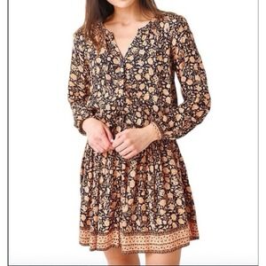 Faherty Floral Print Long Sleeve Midi Dress Size L Boho Dark Academia Whimsigoth